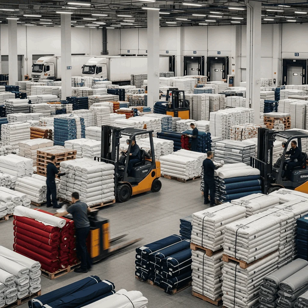 Organized stacks and rolls of textiles in a distribution warehouse