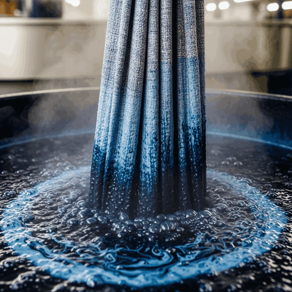 Blue textile gathered above an indigo-colored dye bath