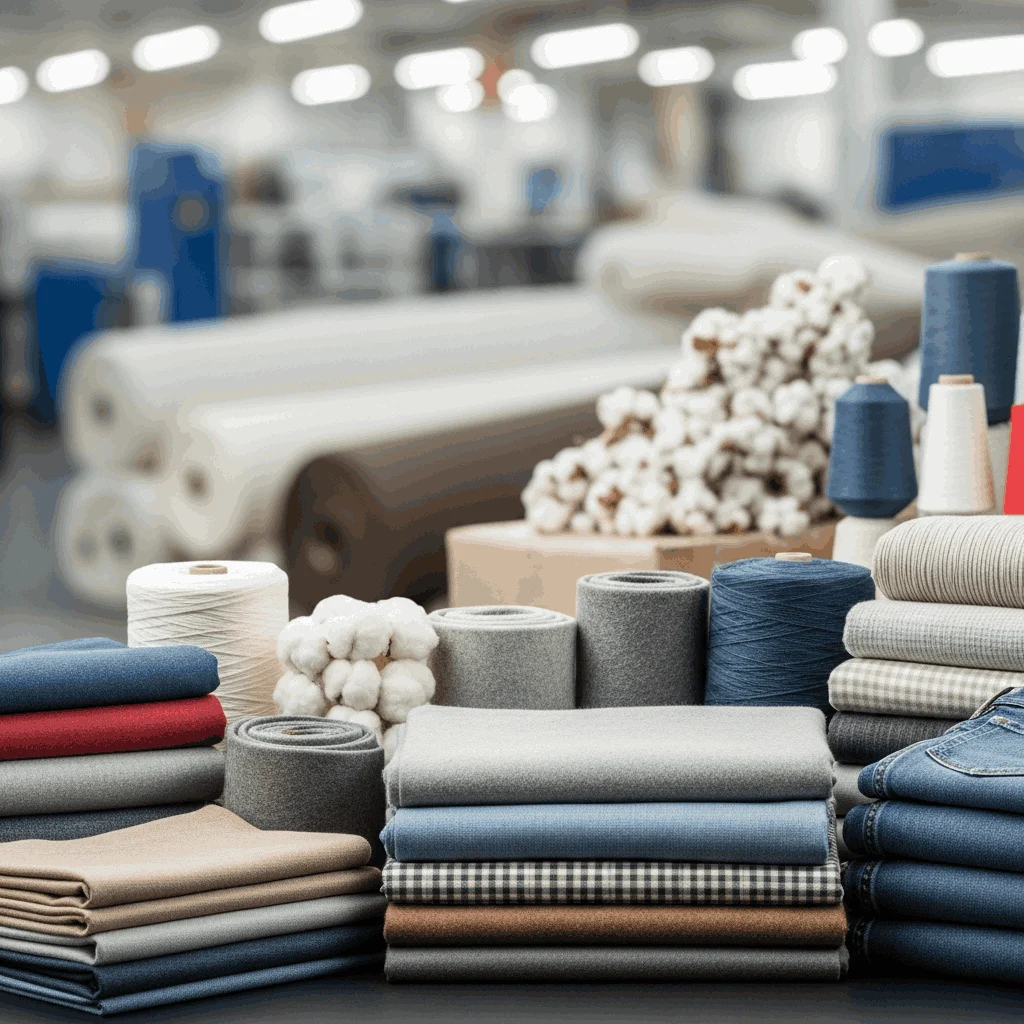 Layers of light and dark textiles with cotton in a bright fabric workspace