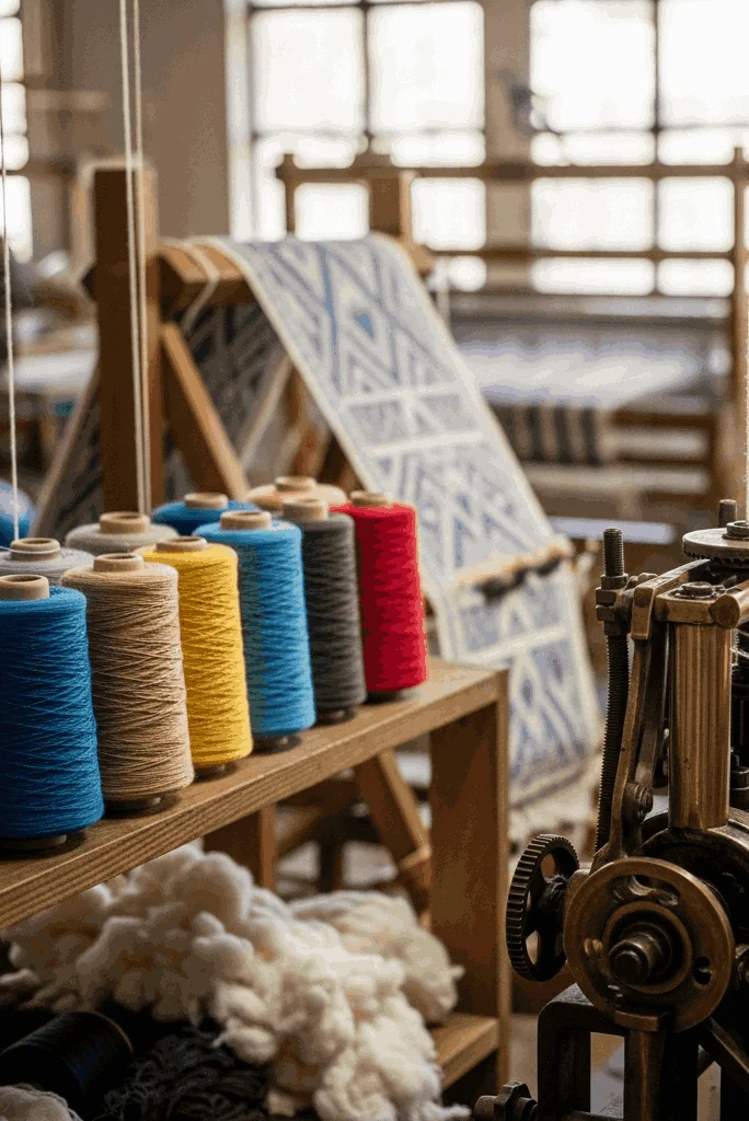 Colorful yarn cones beside a loom in a sunlit textile workspace