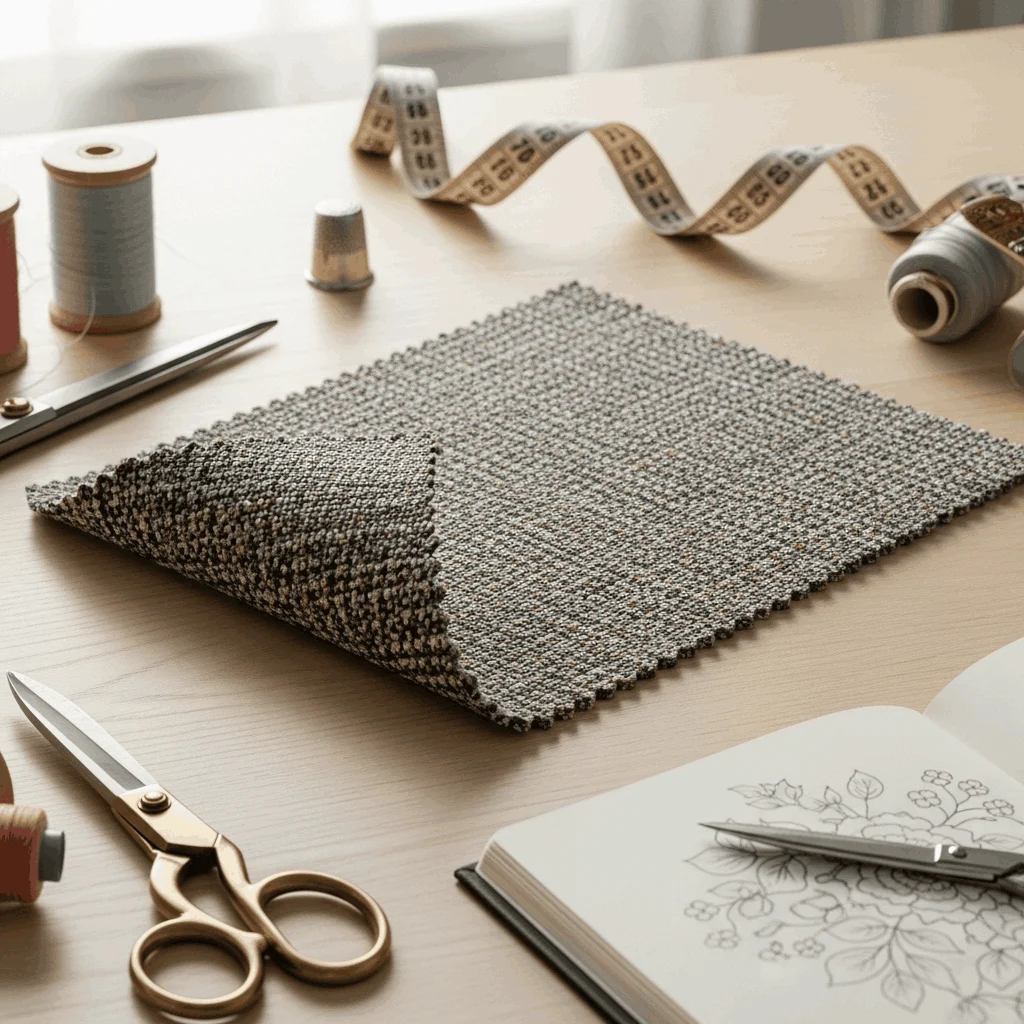 A textured fabric swatch beside thread, scissors, and measuring tape